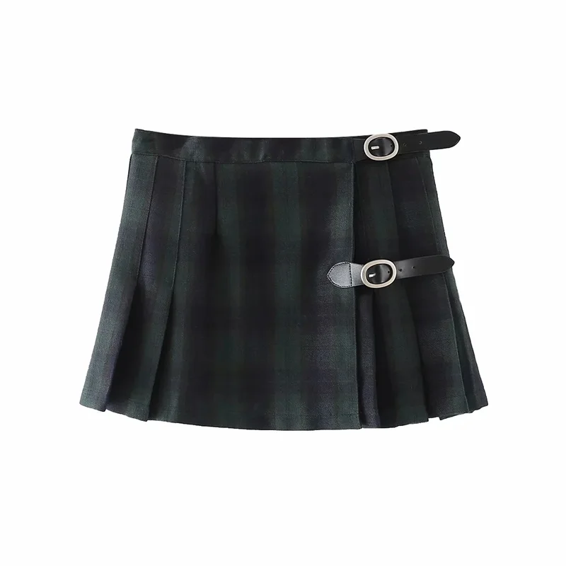 

Women Plaid Pleated Super Mini Skirt With Buckle Detail