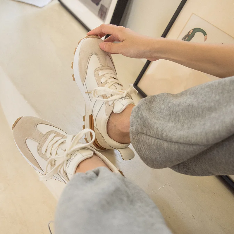 Casual Sneakers Women Suede Leather Patchwork Mixed Colors Lace-Up Round Toe Platform Shoes Lady Flats Handmade