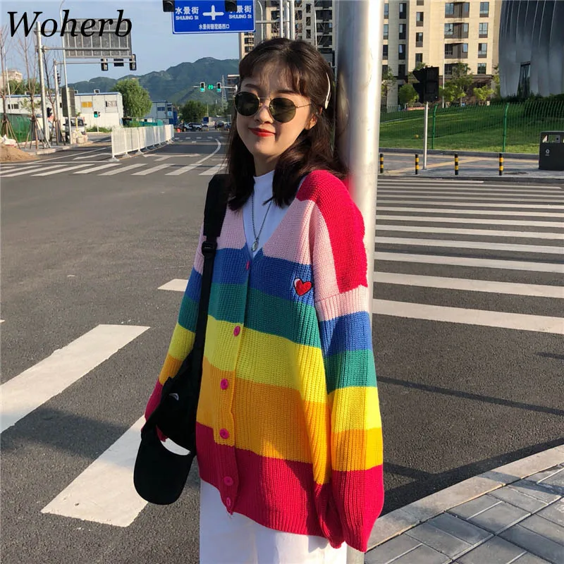 Woherb, осенний кардиган Harajuku, женский полосатый Радужный свитер, пальто, женские свободные свитера, джемпер с вышитыми буквами, кардиганы
