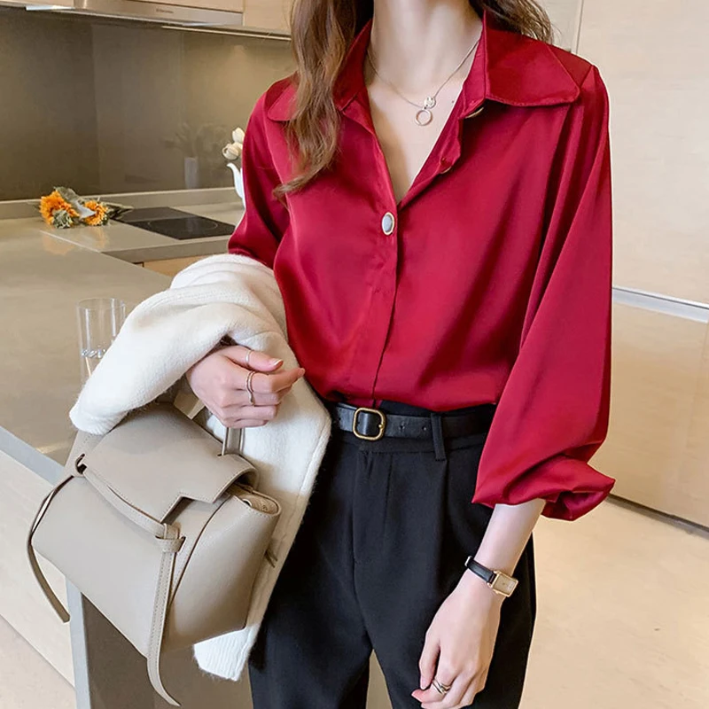 Женская атласная блузка элегантная Осенняя рубашка белого цвета с имитацией