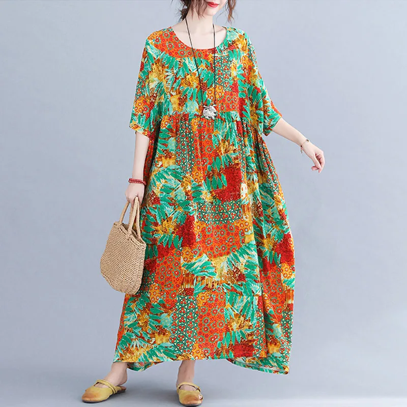 

Plus Size Vintage Cotton Linen Print Sundress Elegant Fashion Oversized Batwing Ladies Vestidos Maxi Dress Female 5XL 6XL 3099