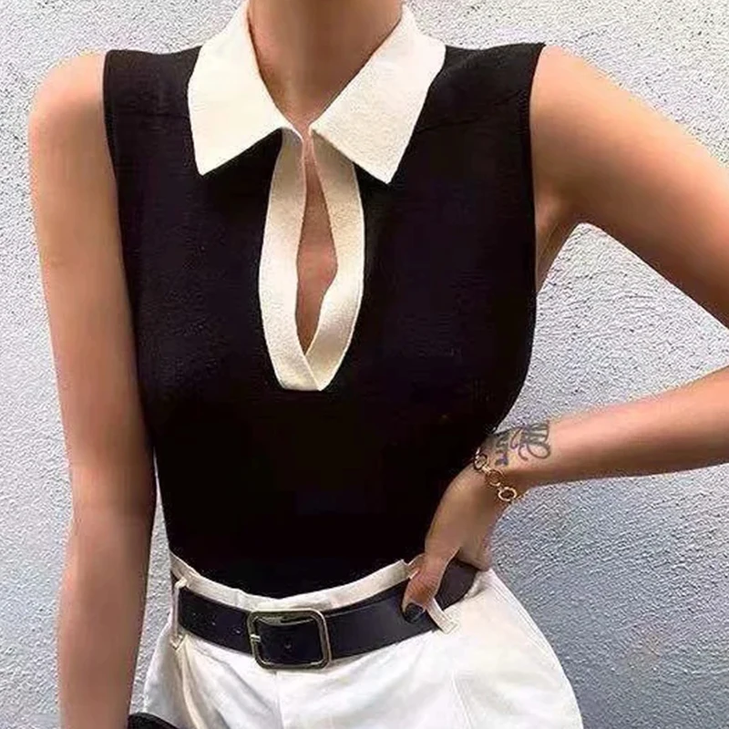 Женский трикотажный жилет-Поло черный вязаный укороченный топ без рукавов