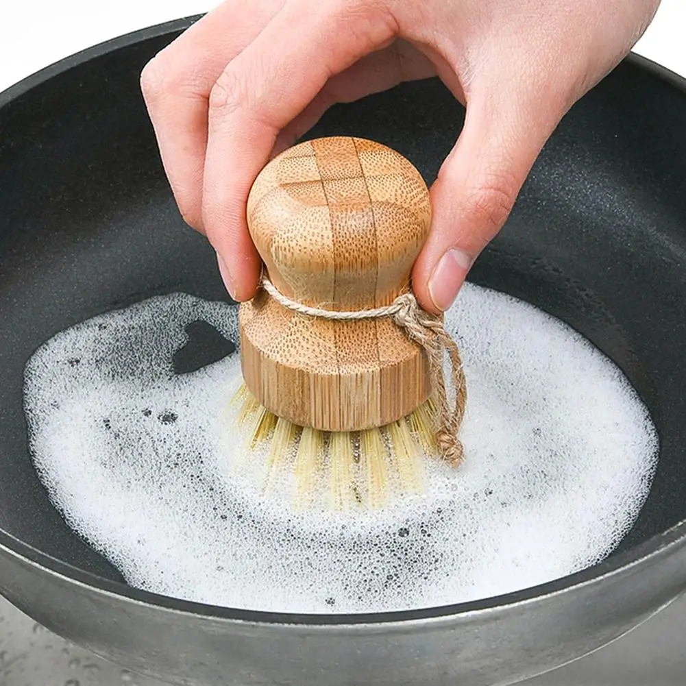 

Wooden Bamboo Round Pot Dish Bowl Sink Stove Washing Brush Kitchen Cleaning Tool Round Handle Easy Use Convenient Cleaning Tools