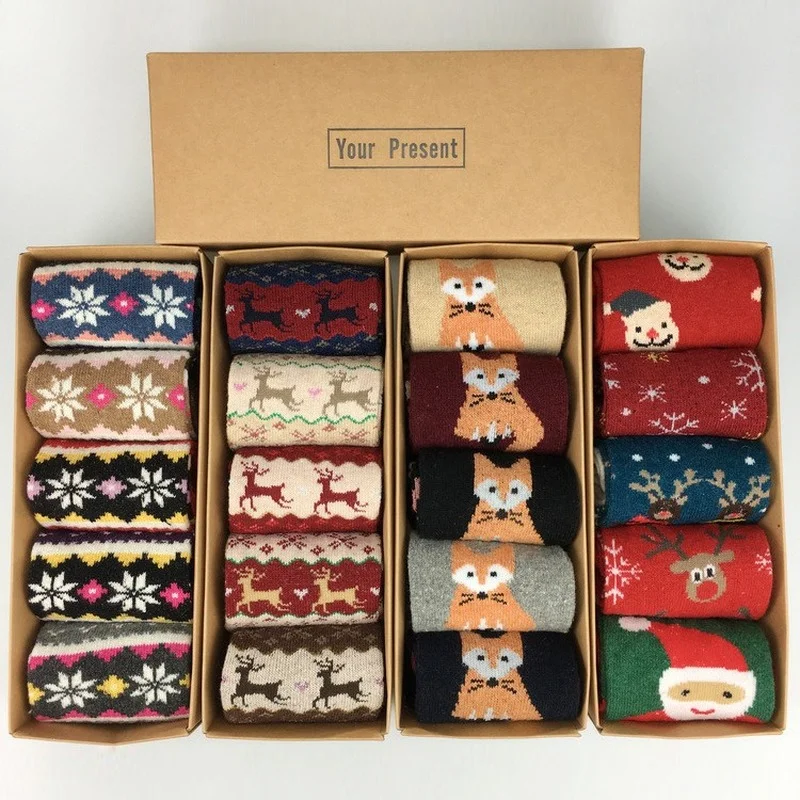 Rabbit Wool Women Sock Christmas Stocking Women's Thick Warm Silk Deer Lady Thicken Winter Cartoon Mid Calf Socks Gift Box Pack