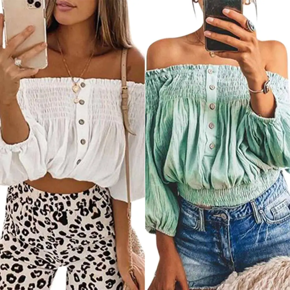 

#w Solid Color Sexy Women Shirt Slash Collar Lantern Sleeves Tops Button Pleated Short Ladies Clothing Street Style Top Shirt