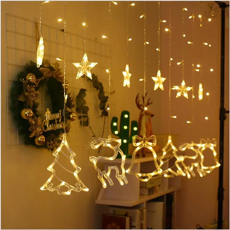

LED Deer Bell Curtain Lights EU USA Christmas Wreath Strings Fairy Lights Outdoor Family Wedding Party New Year Decoration 220V