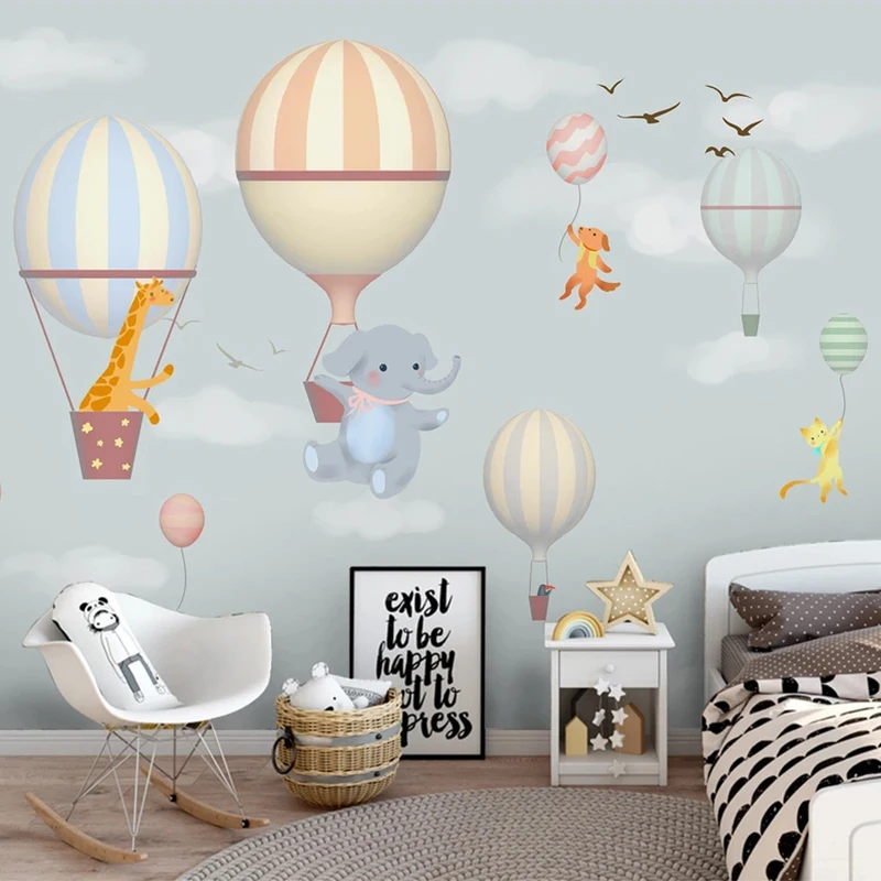 

Custom Mural Wallpaper 3D Hot Air Balloon Elephant Bunny Hand-painted Snowflake Cartoon Children's Bedroom Papel De Parede 3 D