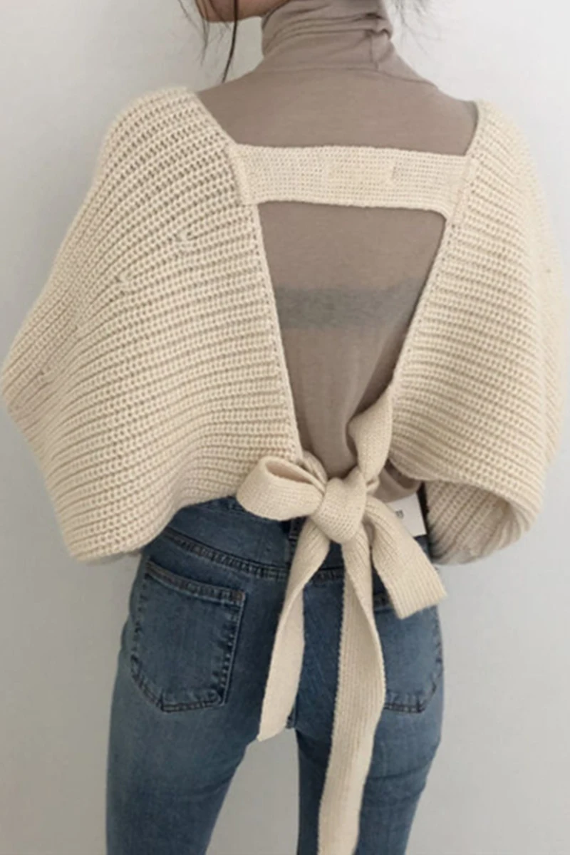

SONDR Korean New Design Solid Hollow Out Back Lace-up Loose Solid Bat Sleeve Knit Sweater Women Coat