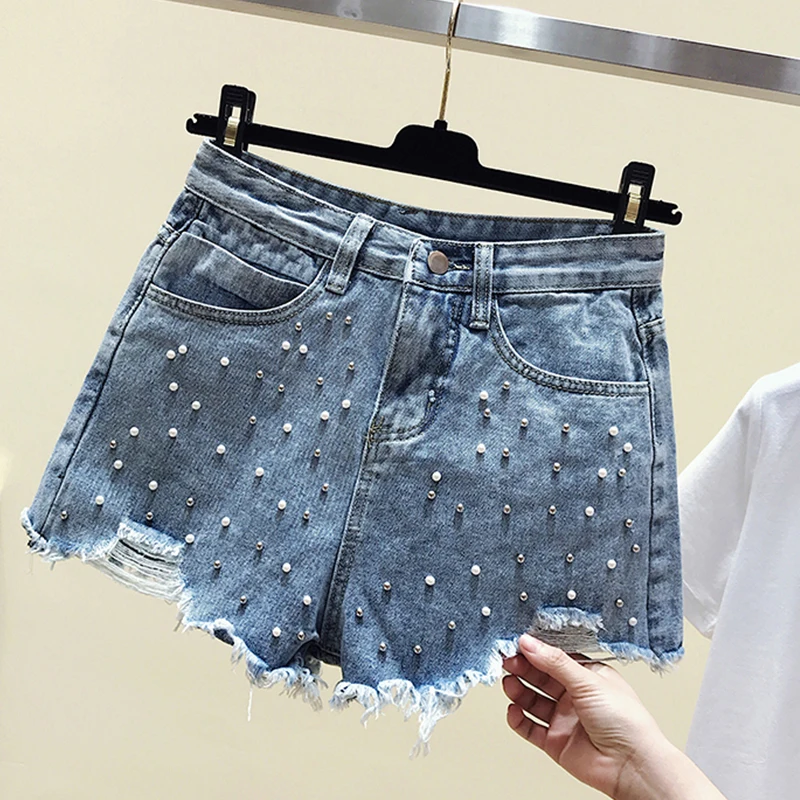 

New Summer Ripped Bead Decoration Female Denim Shorts Slim Fit A-Line Casual Korean Women Tassel Jeans Bottoms
