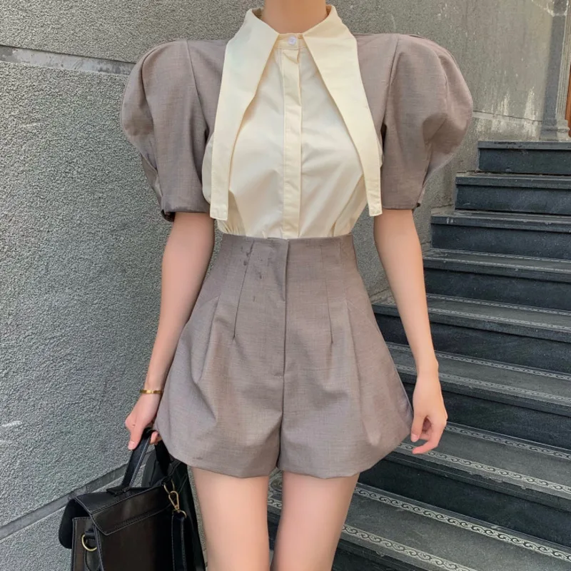 

Summer Vintage Chic Two Piece Set Women Puff Sleeve Blouse + High Waist Shorts Suits Female Shirt Tops Pants Sets Ensemble Femme