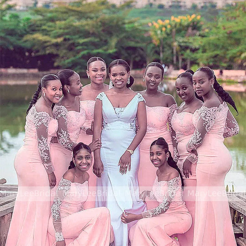 

Off Shoulder Long Sleeves Pink Bridesmaid Dresses Sweetheart Neckline Mermaid Wedding Party Dress African Dresses For Women