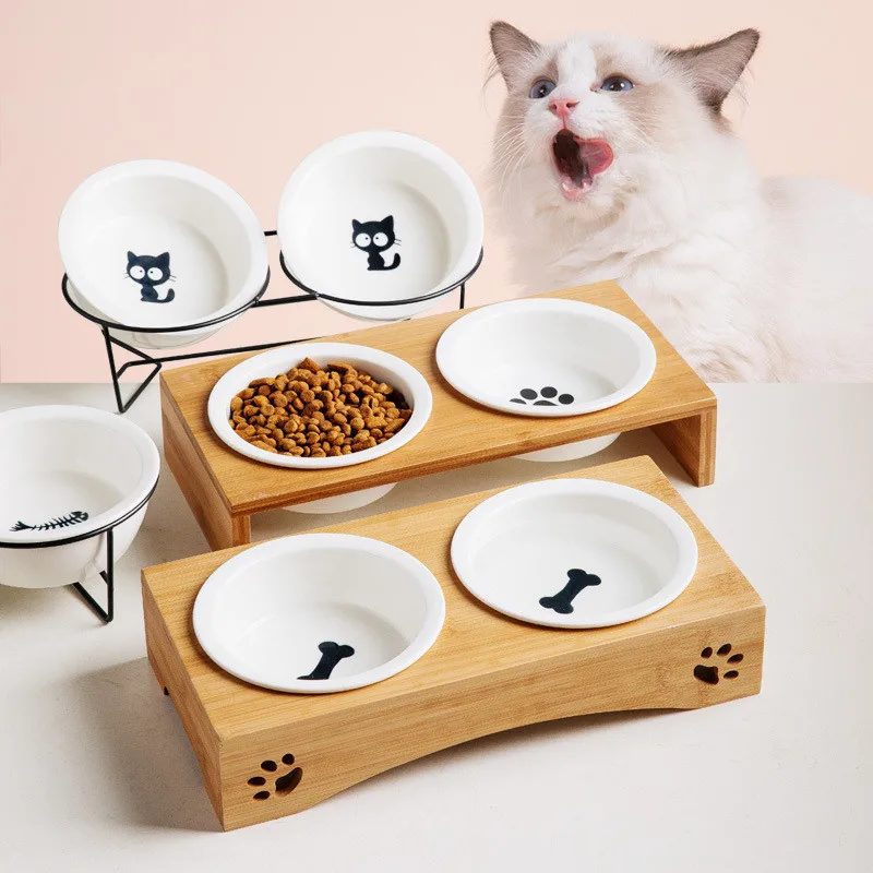 Миска для собак бамбуковый держатель кормушка кошек керамические двойные миски
