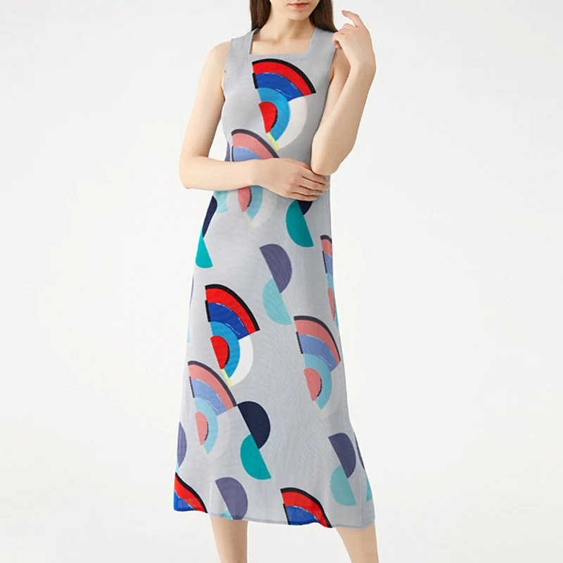 miyake Pleated Printed Long Skirt 2021 Summer New Sleeveless Korean Thin Square Neck Mid-calf casual dress for woman
