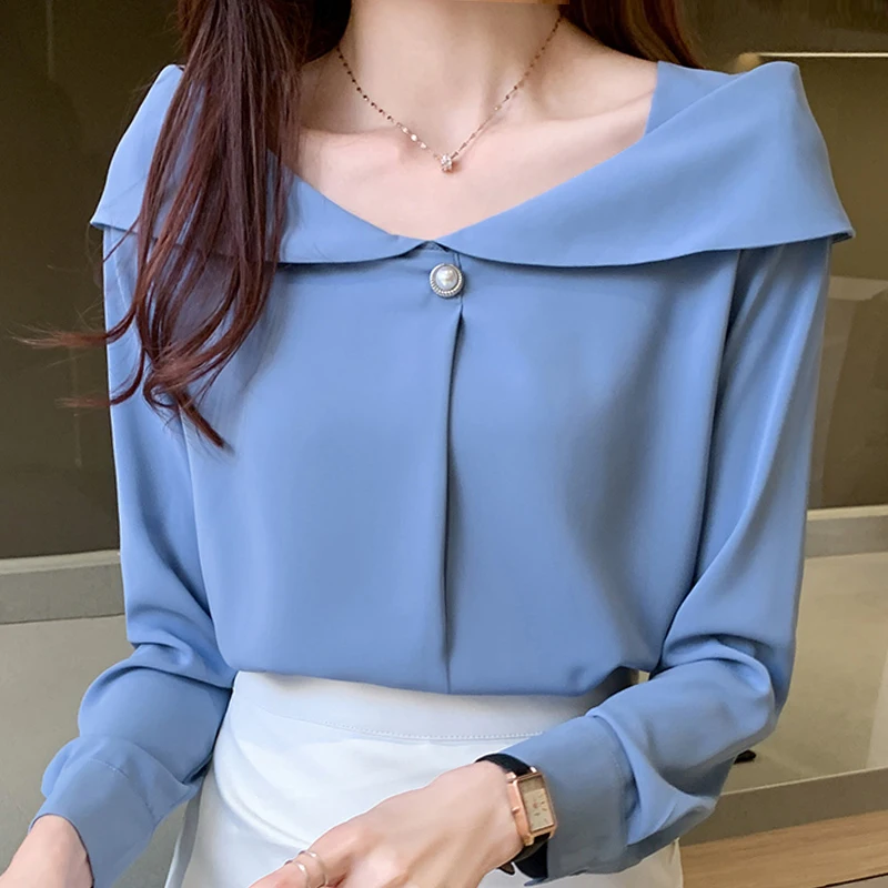 

Blusa Slash Neck Blue Women Blouses Autumn Long Sleeve Chiffon Blouse Shirt Top Pullover Woman Clothes Blusas Mujer De Moda 2021