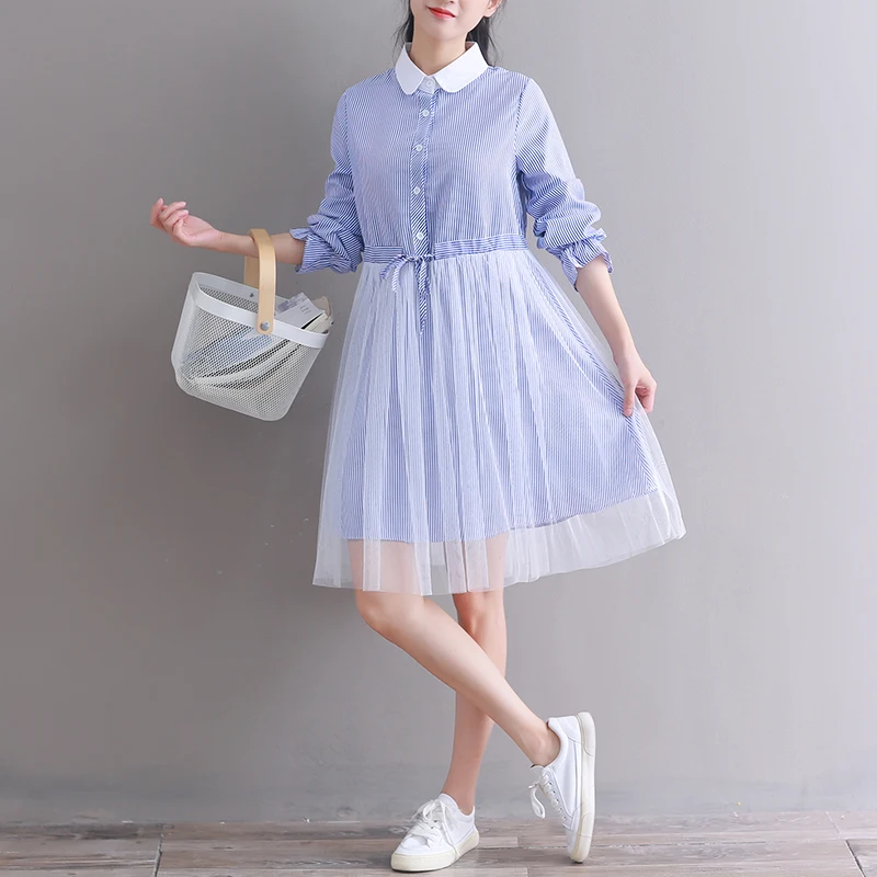 

2021 Preppy Style Autumn Women Mesh Dress Turn-Down Collar Blue Purple Stripe Casual Vestidos Elegant Kawaii Spring Lady Dress