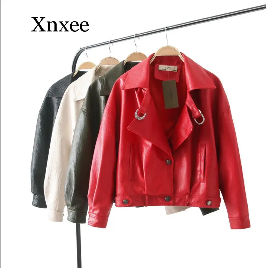 Women Faux Leather Jacket Batwing Sleeve Vintage Biker Coat Short Zipper Motor PU Red Jacket Spring Street Leather Coat vintage