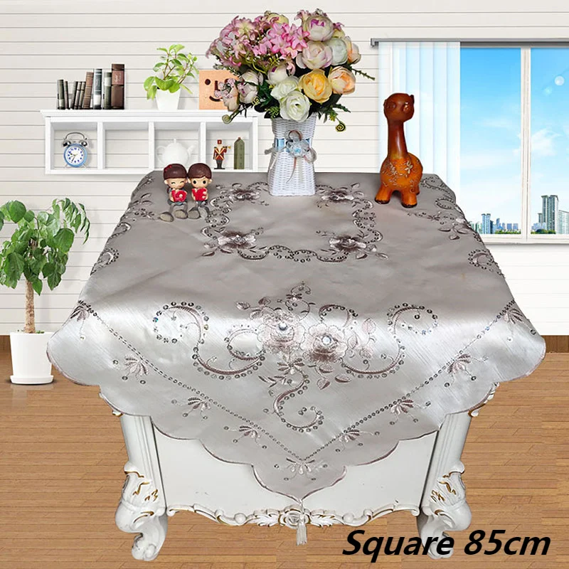 Pastoral Embroidery Sequin Pendant Square Satin Tablecloth Bedroom Balcony Small Round Table Cloth Set Wedding Party Decoration