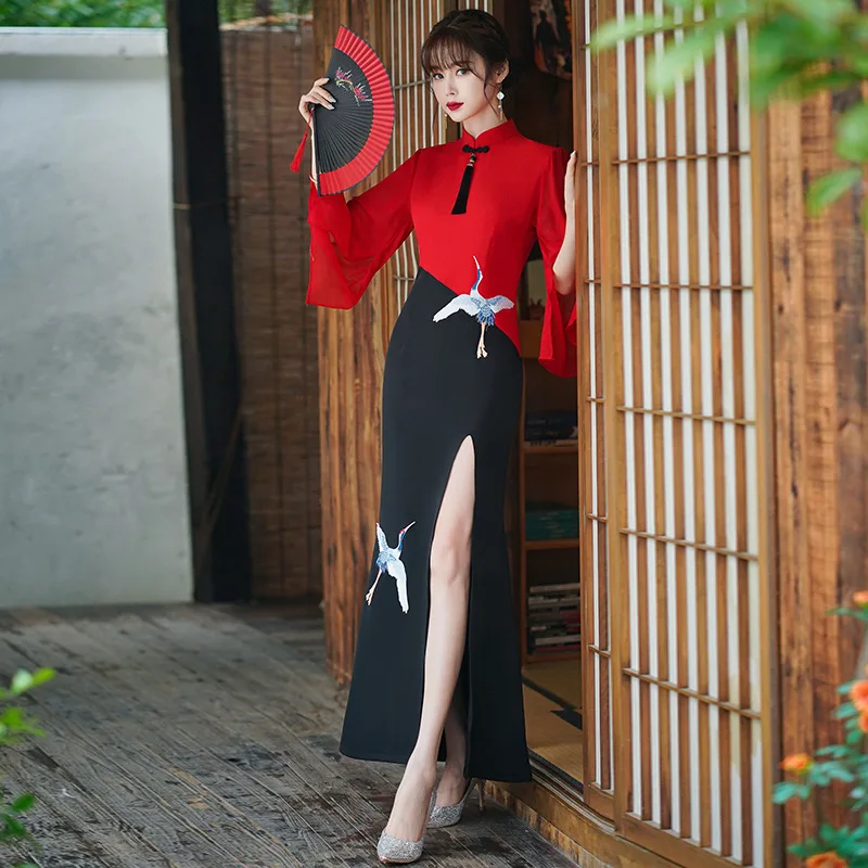 

Длинное женское платье-Ципао из искусственного шелка с журавлем, модель 3XL, китайское платье с воротником-стойкой, летнее праздничное тради...
