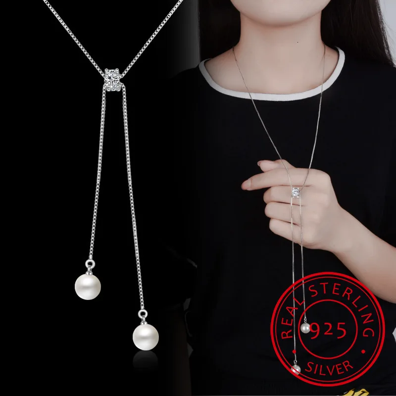 

Simple Fashion 925 Sterling Silver Necklace Zirconia Pearl Sweater Long Chain Necklaces For Women Choker Collares S-n168
