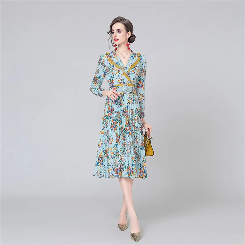 Женское плиссированное платье с цветочным принтом модельное дизайнерское
