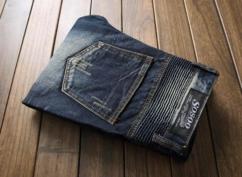

Dropshipping Biker Jeans Men's Distressed Stretch Ripped Biker Jeans Men Hip Hop Slim Fit Holes Punk Denim Jeans Cotton Pants
