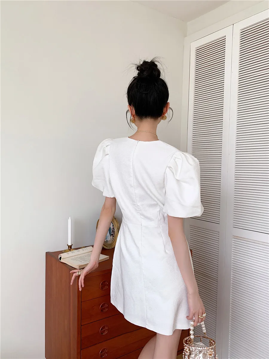 

Korean Fashion Puff Sleeve Vintage Summer Dress Women Short Sleeve Deep V Neck Bow Mini A Line Ladies Black Sexy Dress