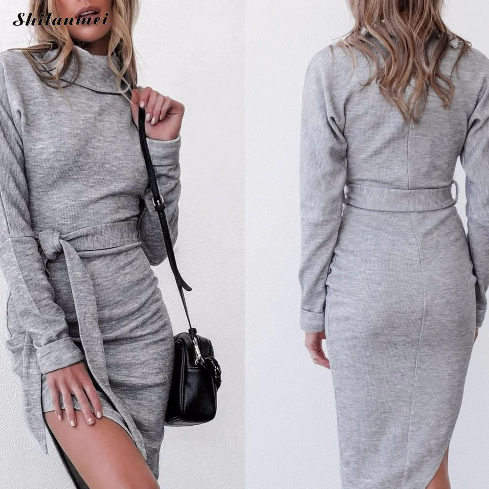 Женские вязаные платья с длинными рукавами и высоким воротником сезон осень зима