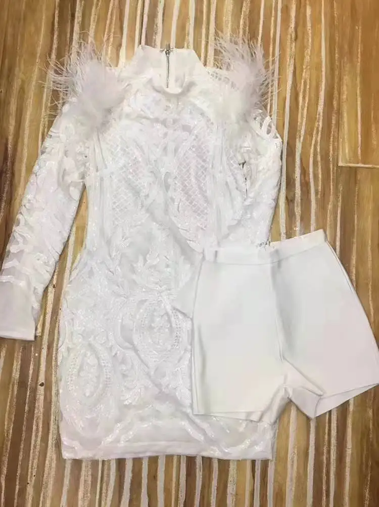 

Sexy White Sequin Dress Feather Zippers Design Long Sleeve High Quality Bandage Dress Women Celebrity Party Dress Vestidos