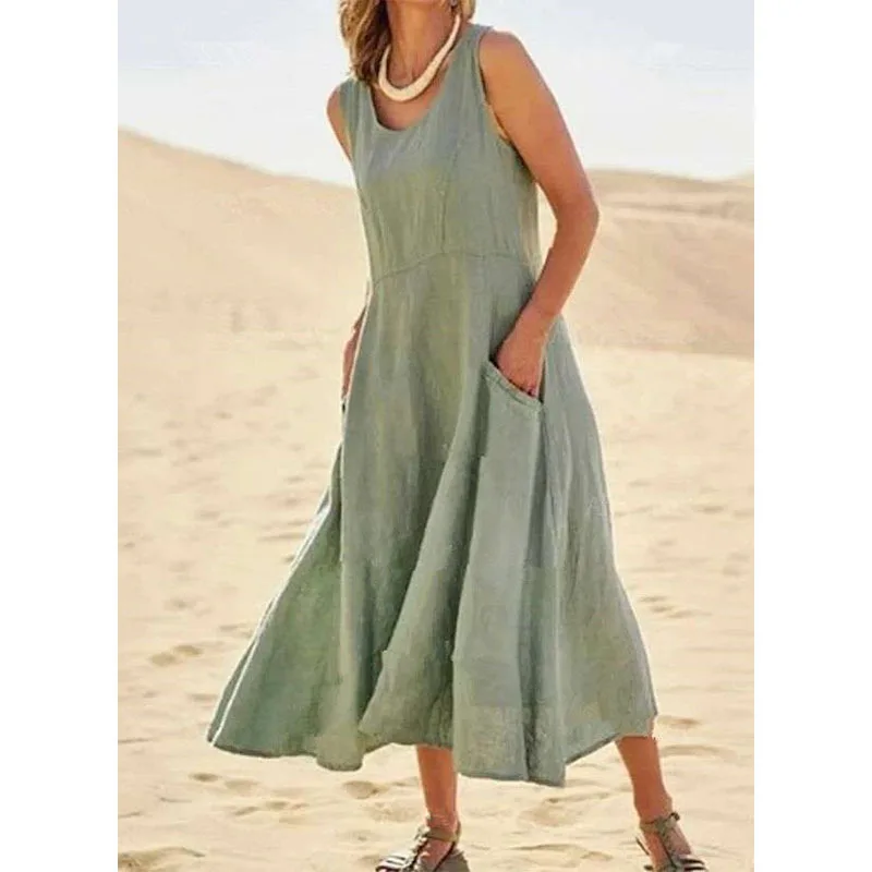 

2021 summer women's sleeveless cotton and linen solid color Beach Dress