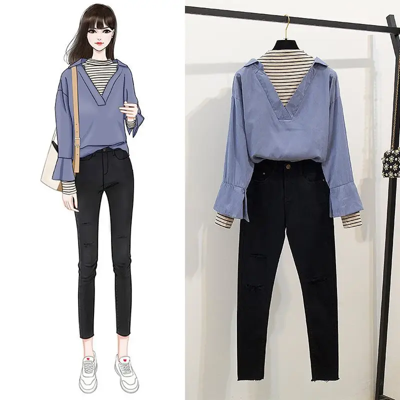 Женский джинсовый брючный костюм ICHOIX комплект из 2 х предметов в Корейском стиле