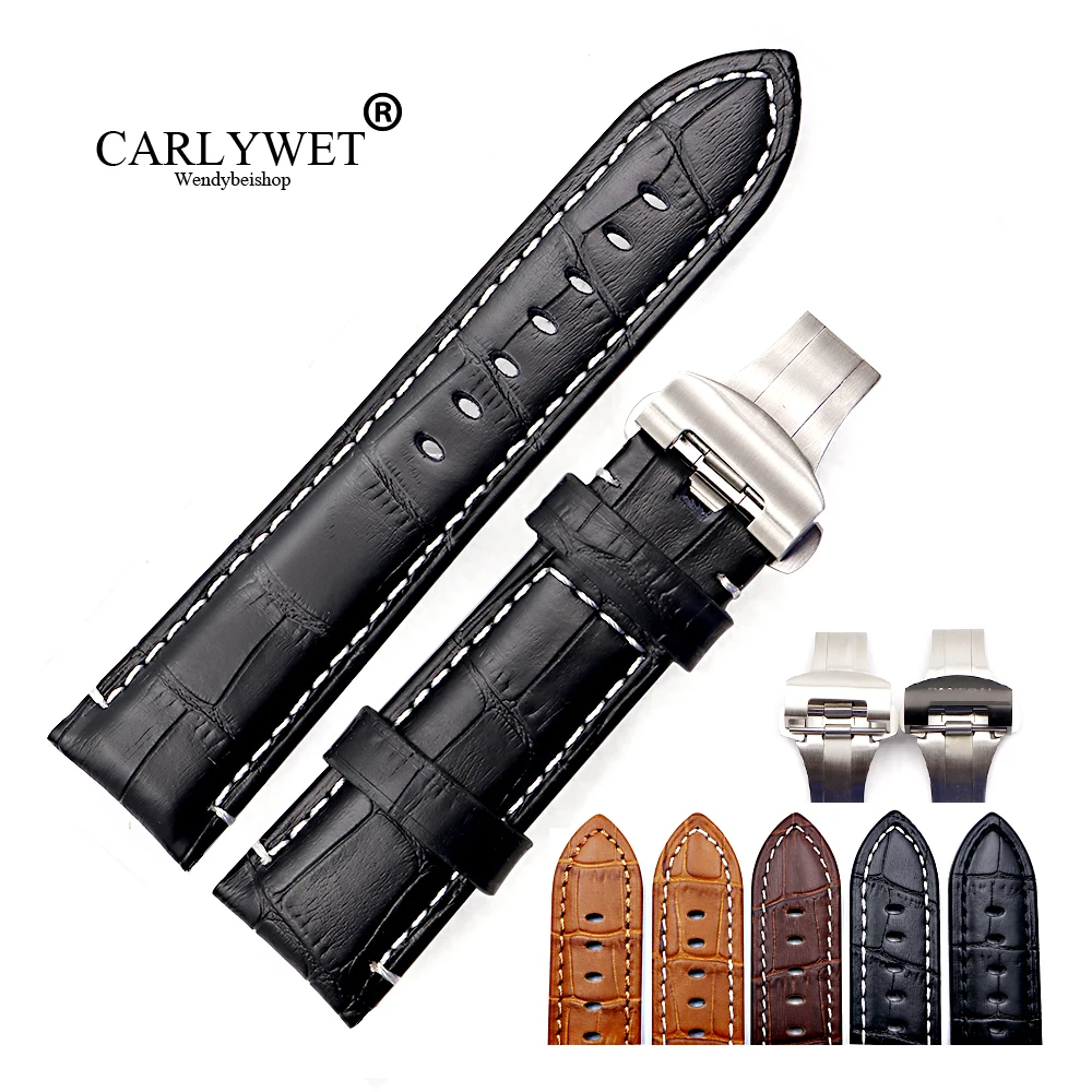 CARLYWET 22 24mm Top Luxury Leather VINTAGE Real Calf Crocodile Grain Thick Wrist Watch Band Belt Silver Black Clasp For Panerai