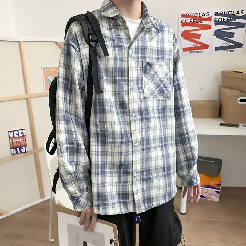 

Spring Autumn Plaid Shirt Men's Fashion Retro Casual Shirt Men Streetwear Korean Loose Long Sleeve Shirts Mens M-2XL