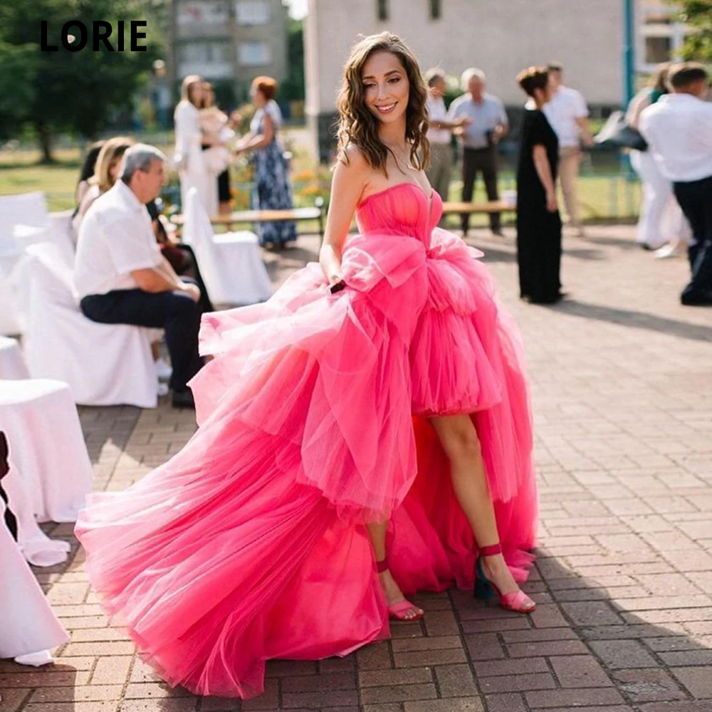 

LORIE 2022 High Low Hot Pink Evening Dresses Sweetheart A-Line Tulle Short Front Long Back Girl Prom Party Gown for Graduation
