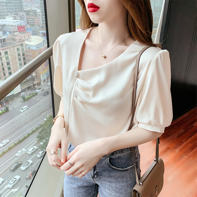 

Women Shirt Solid Blouses for Women Irregular Chain White Shirt Women's Clothing 2021 V-neck Fashion Folds Basic Blouse Oversize