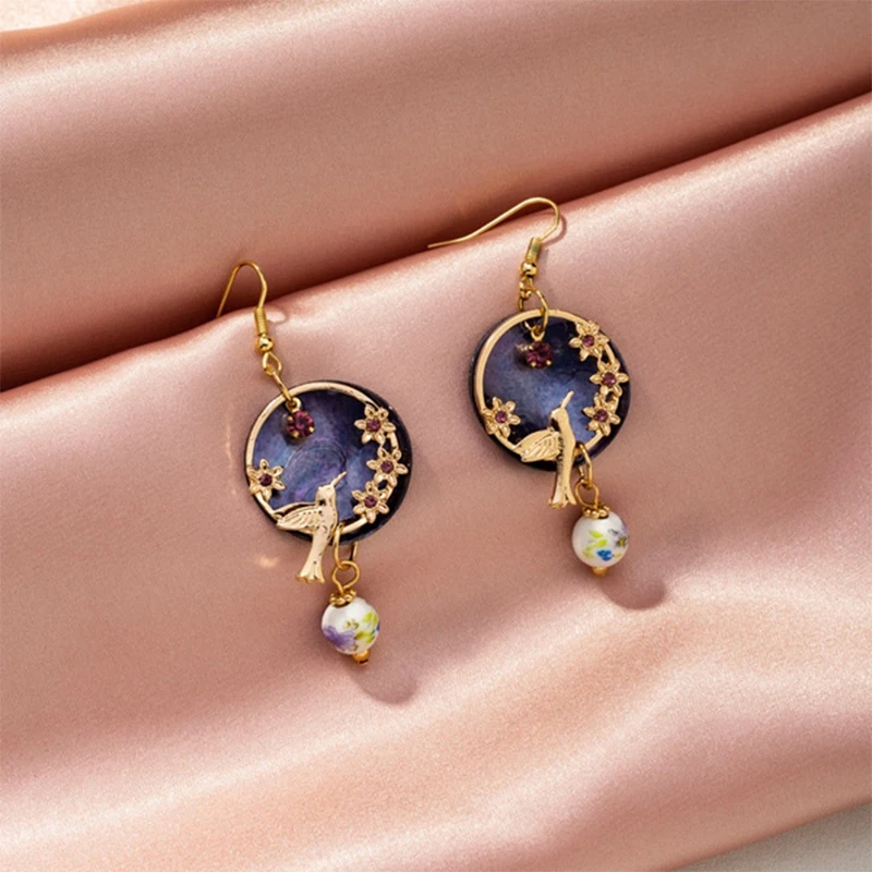 

Gold Color Round Circel Flower Birds Drop Earrings 2021 New Trend Purple Shell Beads Dangle for Women Party Jewelry