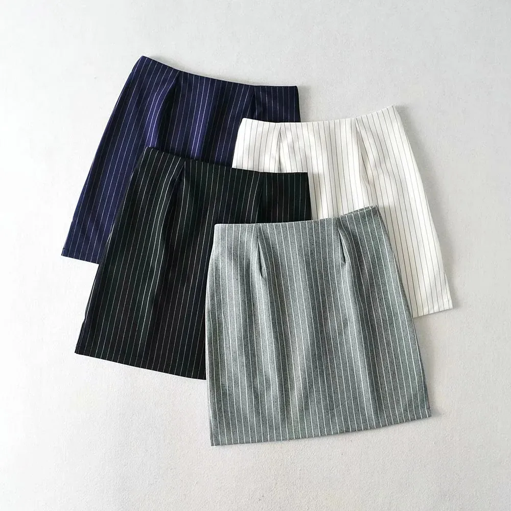 

Latest Trendy Casual A-Line Mini Black Gray Women Skirts with Zipper Striped High Waist Bodycon Split Faldas Mujer Moda 2021