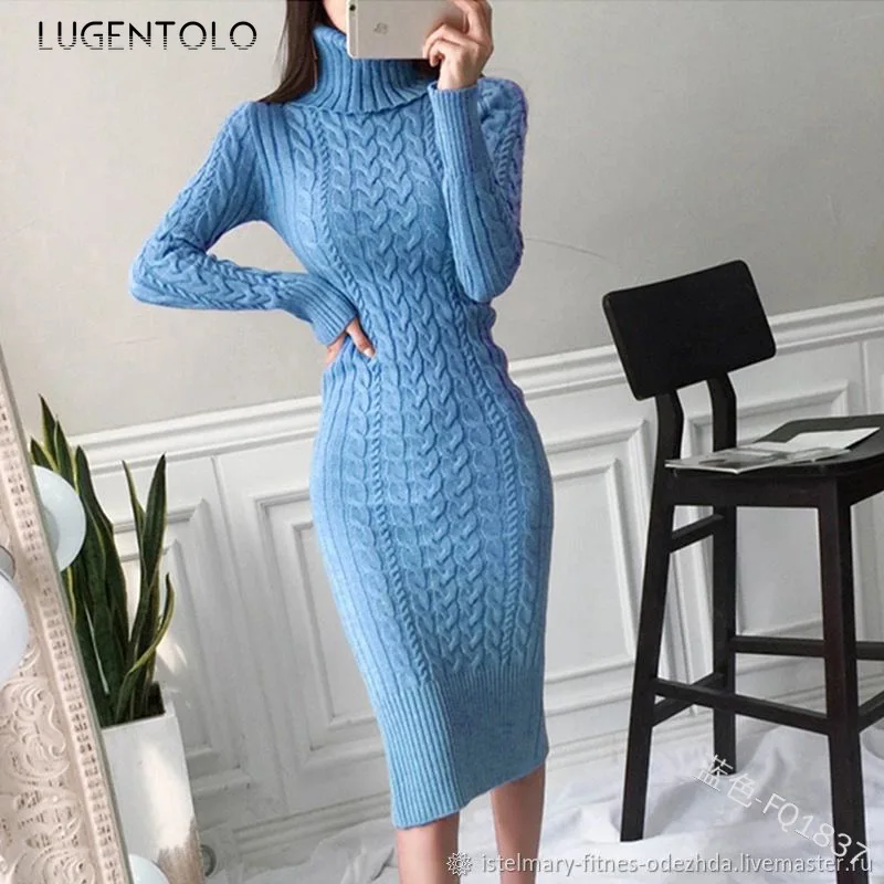 

Lugentolo Women Dress Knitted Dresses for Women Dinner Turtleneck Dress Pullover Long Sleeve Autumn Winter Woman Dress Long