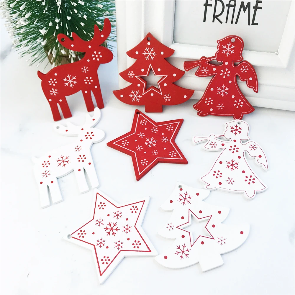 

NEW 100pcs White Red Christmas Tree Ornament Wooden Hanging Pendants Angel/Deer/Christmas Tree /Star Christmas Home Decorations