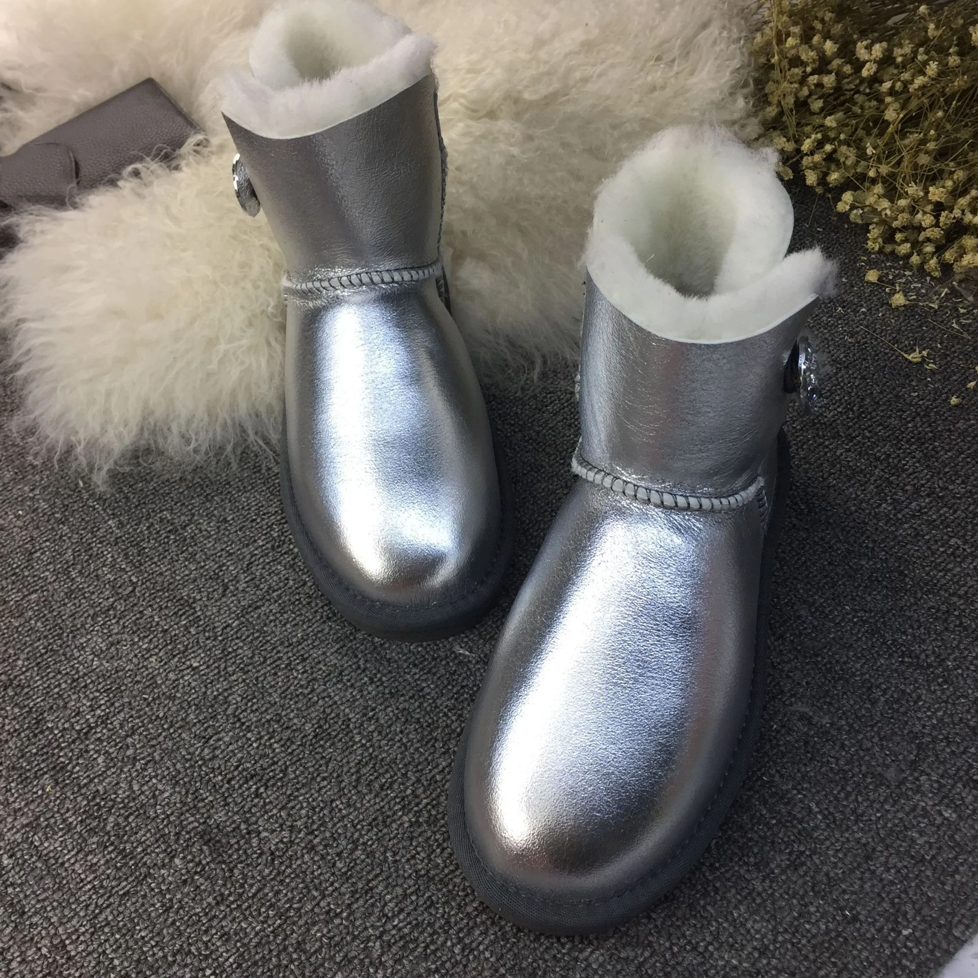 Silver as pic Модные зимние ботинки из натуральной овечьей кожи; классические женские ботинки в австралийском стиле; ботильоны с натуральным мехом; теплые шерстяные зимние ботинки; обувь - Цвет: Silver as pic