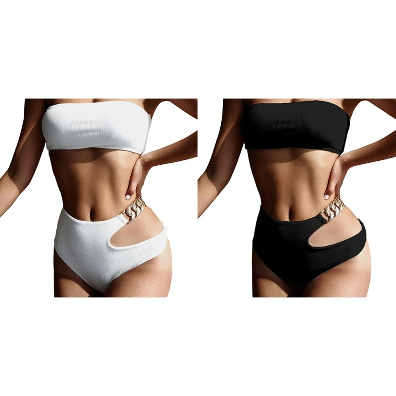 

Strapless Bandeau Ribbed Solid Color Swimsuit Women Sexy 2Pcs Bikini Set Cutout High Waist Chain Patchwork Thong Bathing Suit