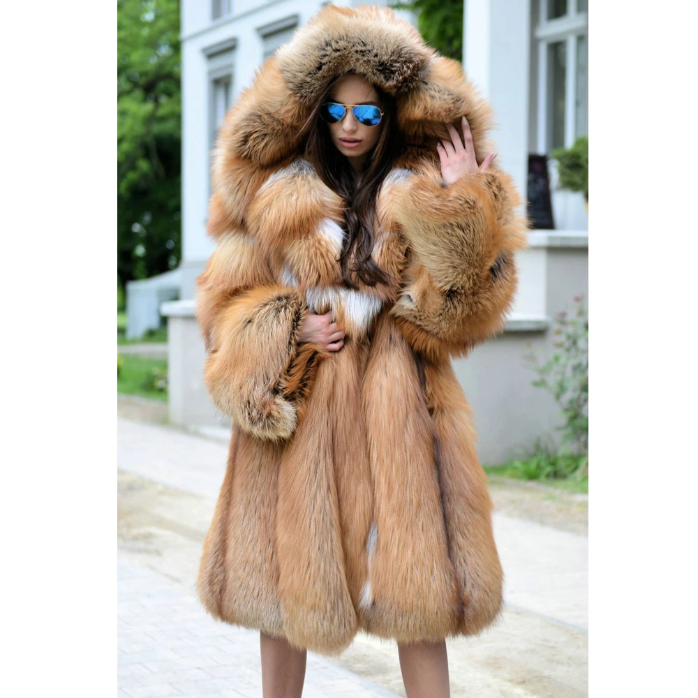 Женское длинное меховое пальто, толстое теплое пальто с большим капюшоном, роскошное пальто из натурального Лисьего меха, зима 2022