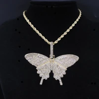 butterfly charm pendant rope chain necklace hip hop men women rose gold silver color bling rap rock dancer gift jewelry cubic
