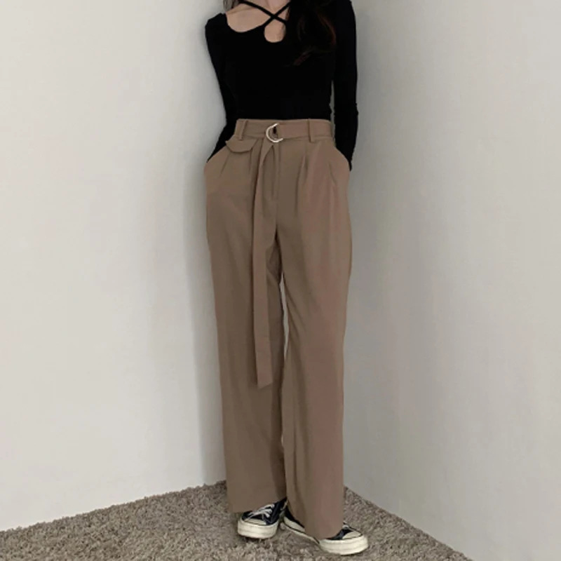 Женские винтажные прямые брюки Mozuleva свободные с высокой талией и поясом длинные