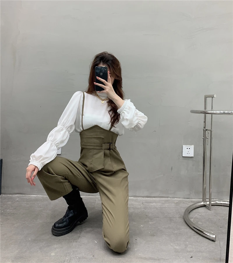 

Wide-leg Pants Women Fashion High Waist Elegant OL Overalls Straps Straight Jumpsuits 2021 Casual Loose Pants Trousers