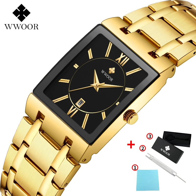 Gold Black Роскошные мужские часы Кварцевые аналоговые наручные часы WWOOR 8858 мужские прямоугольные деловые часы из нержавеющей стали Relogio Masculino - Цвет: Gold Black