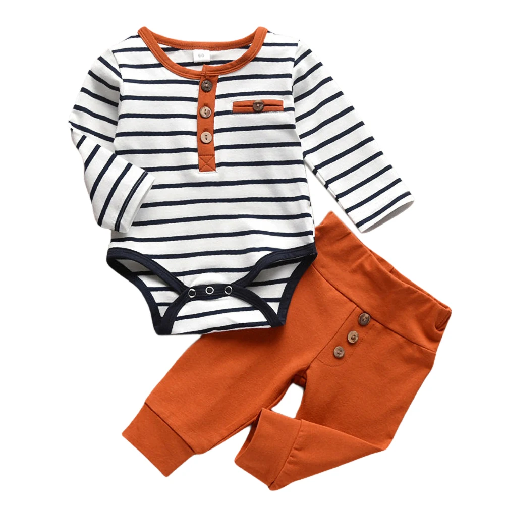 

Infant Cute Baby Boys Girls Simple Long Sleeves Round Collar Striped Print Jacket + Trousers 2Pcs Instagramable Set 0-18M