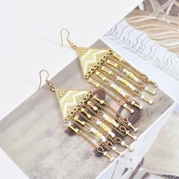 gold color alloy triangle ear stud long tassel acrylic beads pendant earrings for women girls bohemian national fashion jewerly
