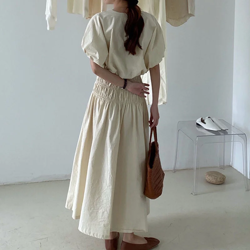 

Solid Cotton Pleated Party Dress Fashion Women Summer Dress Casual Bubble Sleeves Office Lady Loose Long Dresses Vestido 13818
