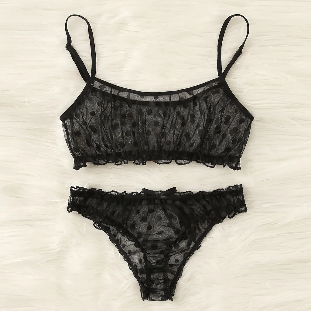 Женский комплект нижнего белья в горошек черный сетчатый бюстгальтер с бантом