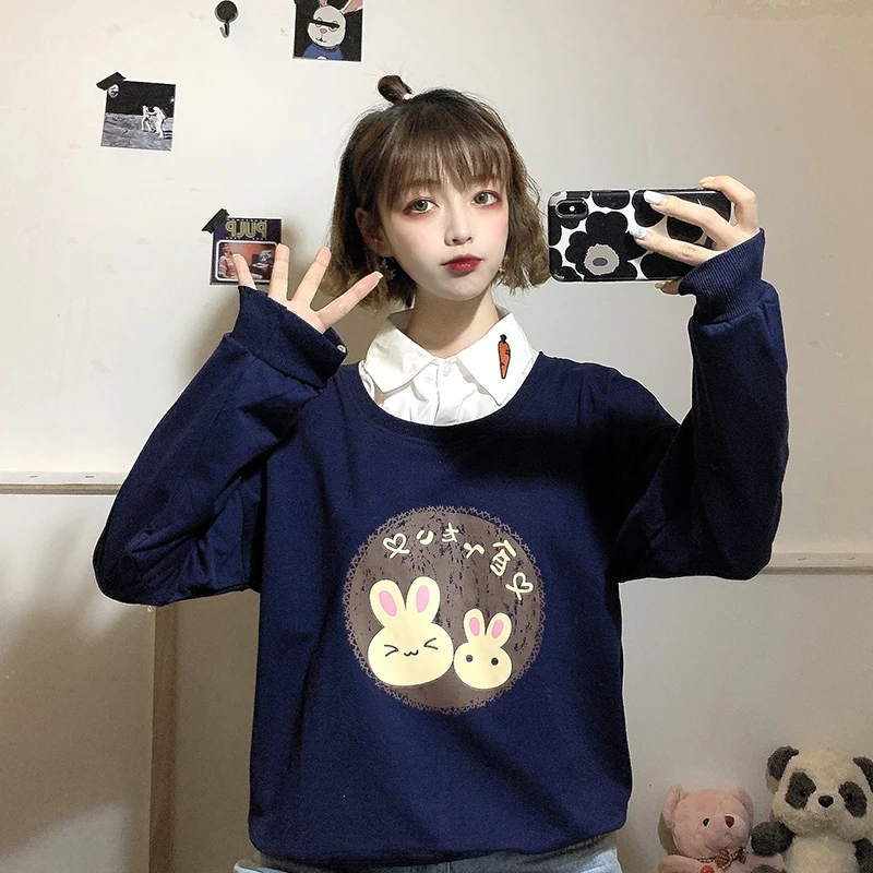 Cute Anime Hoodies Teens Girl Kawaii Rabbit Women's Sweatshirt Soft Long Sleeve Bunny Sweetshirt Green Pink Pullovers 2021 New